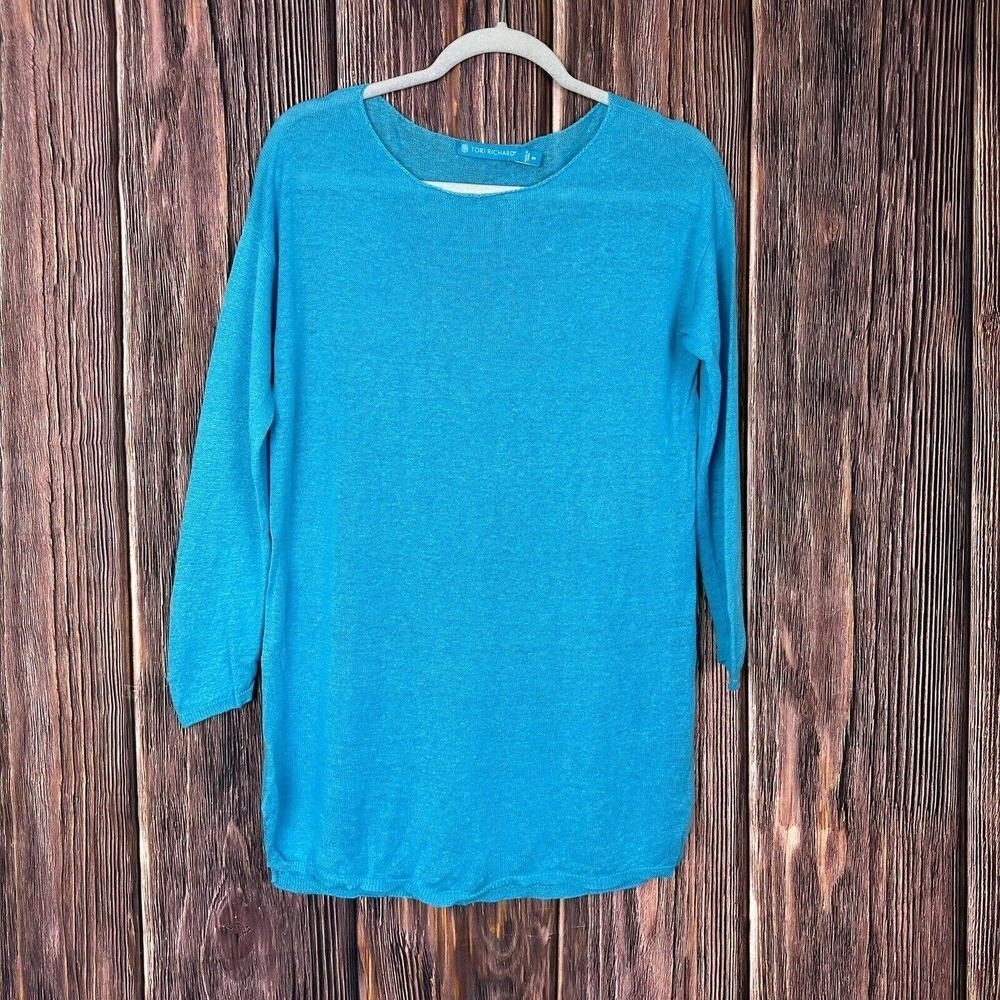 Tori Richard Blue 3/4 Sleeve Tunic Top 100% Linen Pullover Size Small